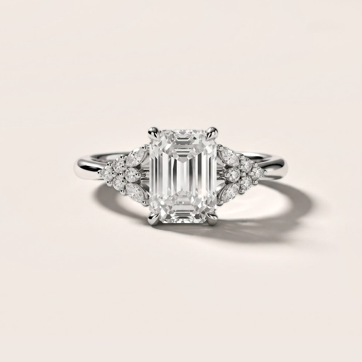 Fern Knife Edge Cluster Emerald Diamond Engagement Ring in Silver - front.jpg