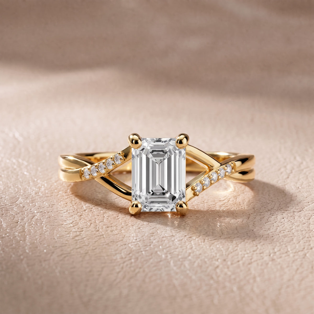 Veronica Twist Side Stone Emerald Diamond Engagement Ring in Yellow Gold - front.jpg