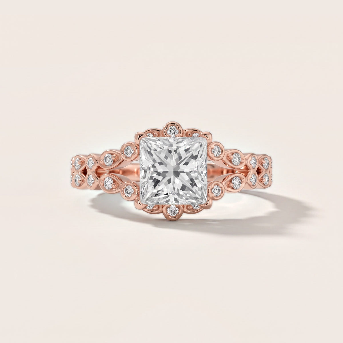 Maddie Vintage Split Shank Princess Diamond Engagement Ring in Rose Gold - front.jpg