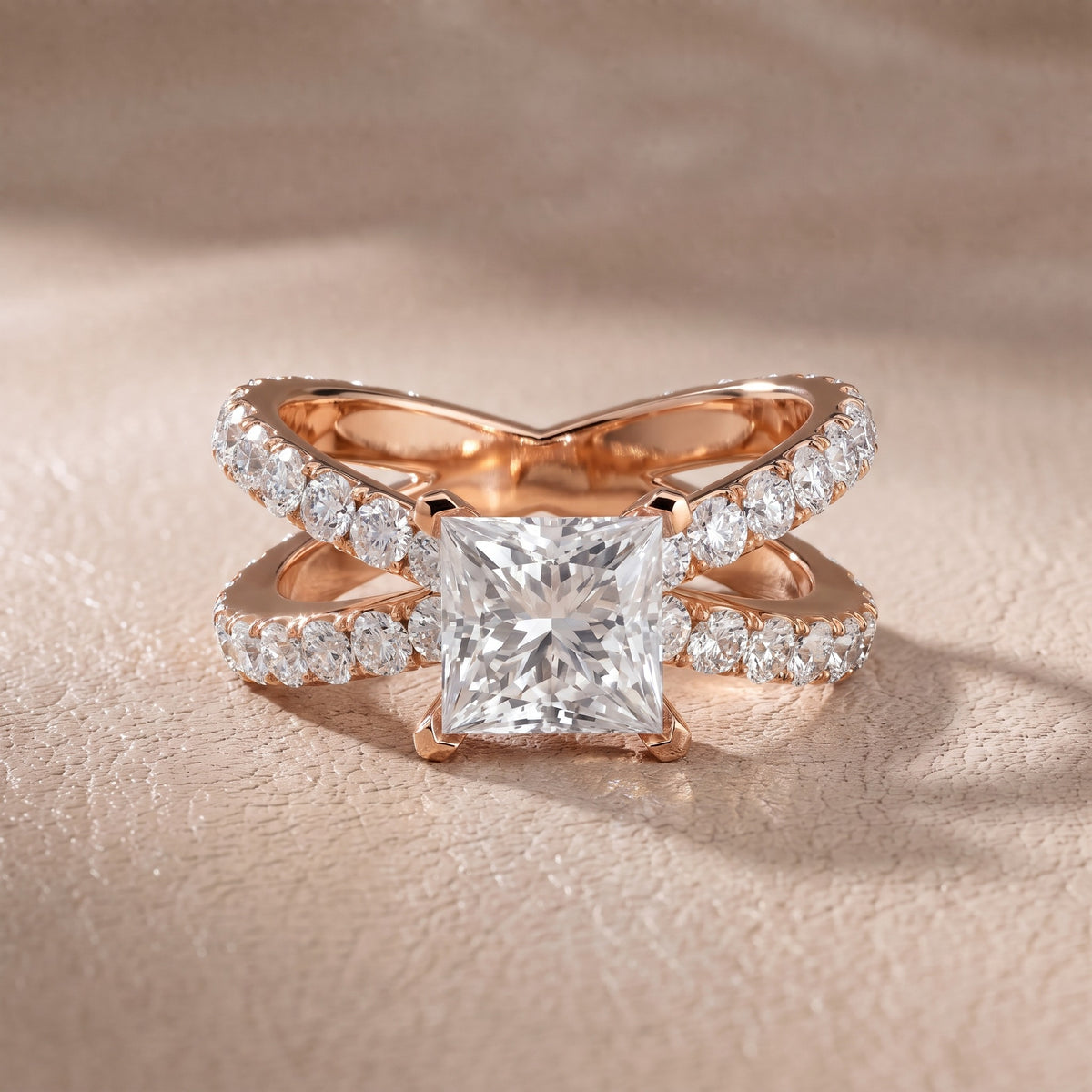 Ilaria Criss Cross Pavé Princess Diamond Engagement Ring in Rose Gold - front.jpg