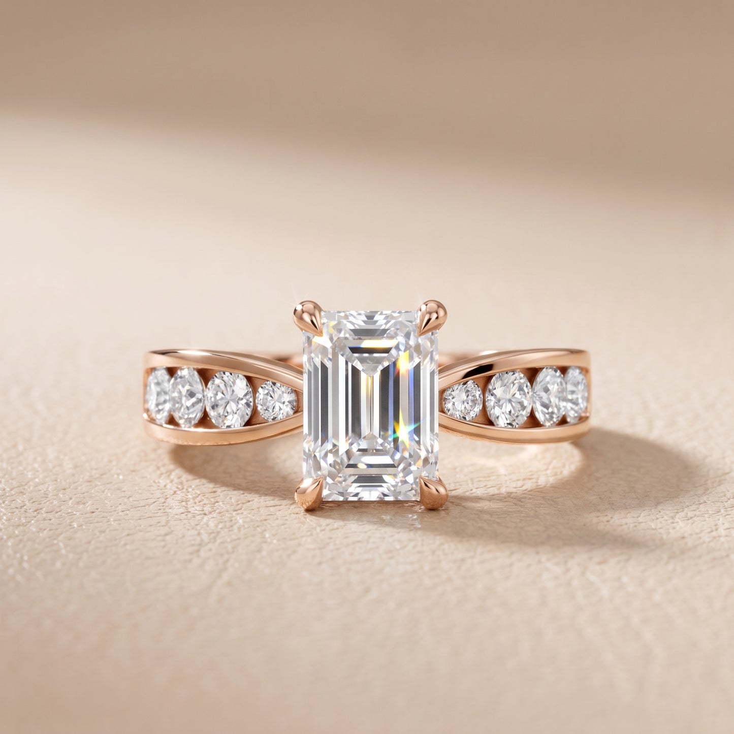 Noor Channel Set Sidestone Emerald Diamond Engagement Ring in Rose Gold - front.jpg