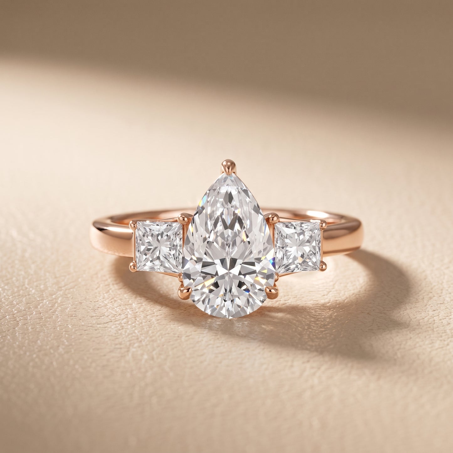 Selena Three-Stone Basket Pear Diamond Ring in Rose Gold - front.jpg
