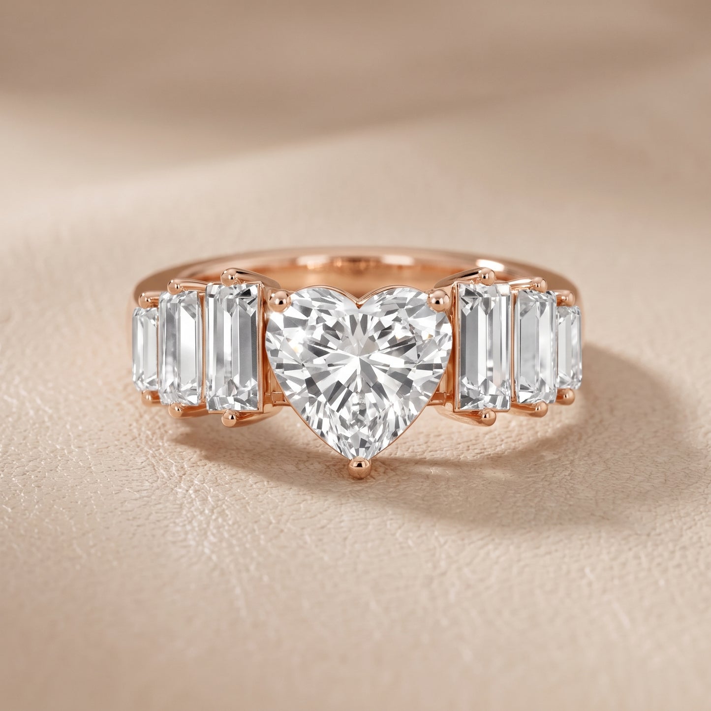 Mara Sidestone Baguette Accent Heart Diamond Engagement Ring in Rose Gold - front.jpg