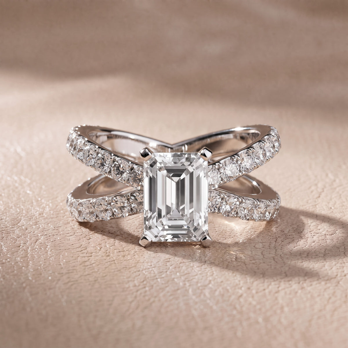 Ilaria Criss Cross Pavé Emerald Diamond Engagement Ring in Silver - front.jpg
