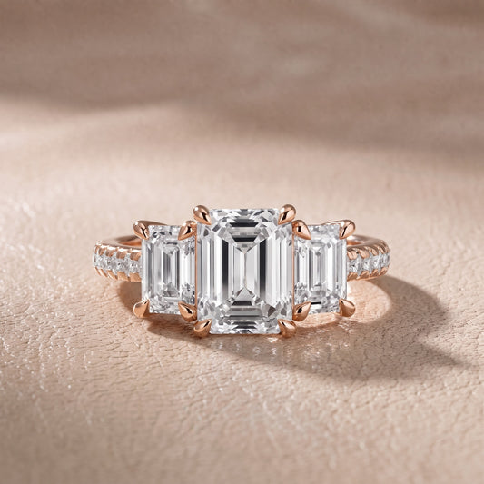 Gabrielle Three-Stone Pavé Emerald Diamond Engagement Ring in Rose Gold - front.jpg