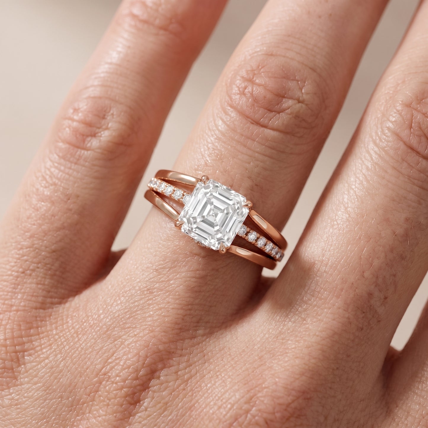 Scarlett Split Shank Pavé Asscher Diamond Ring in Rose Gold - lifestyle.jpg