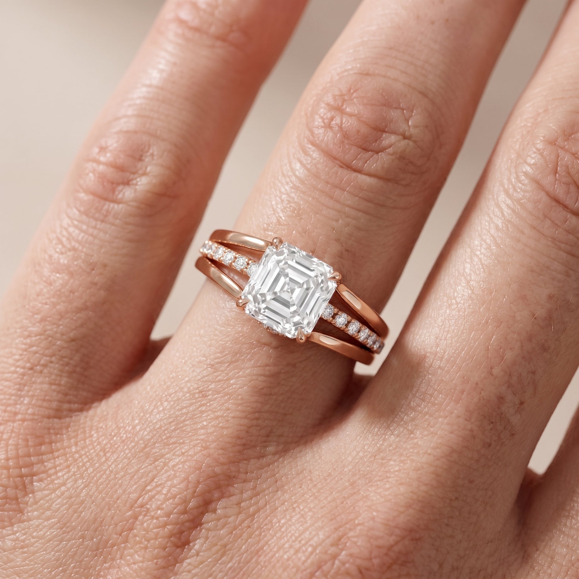 Scarlett Split Shank Pavé Asscher Diamond Ring in Rose Gold - lifestyle.jpg