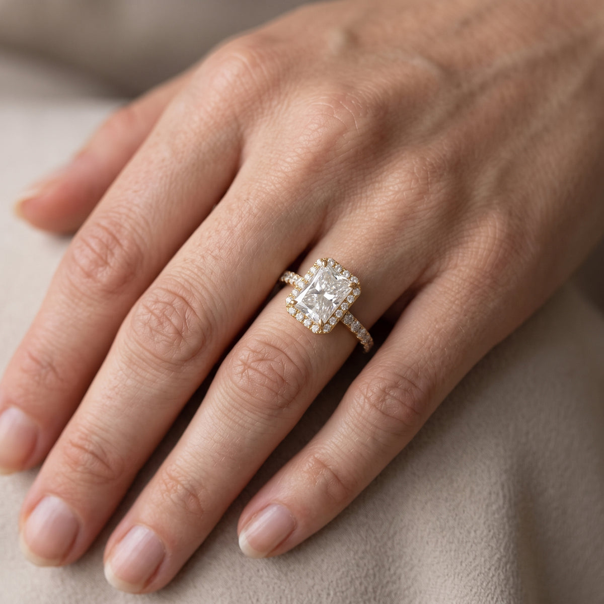 Chloe Halo Pavé Radiant Diamond Engagement Ring in Yellow Gold - lifestyle.jpg