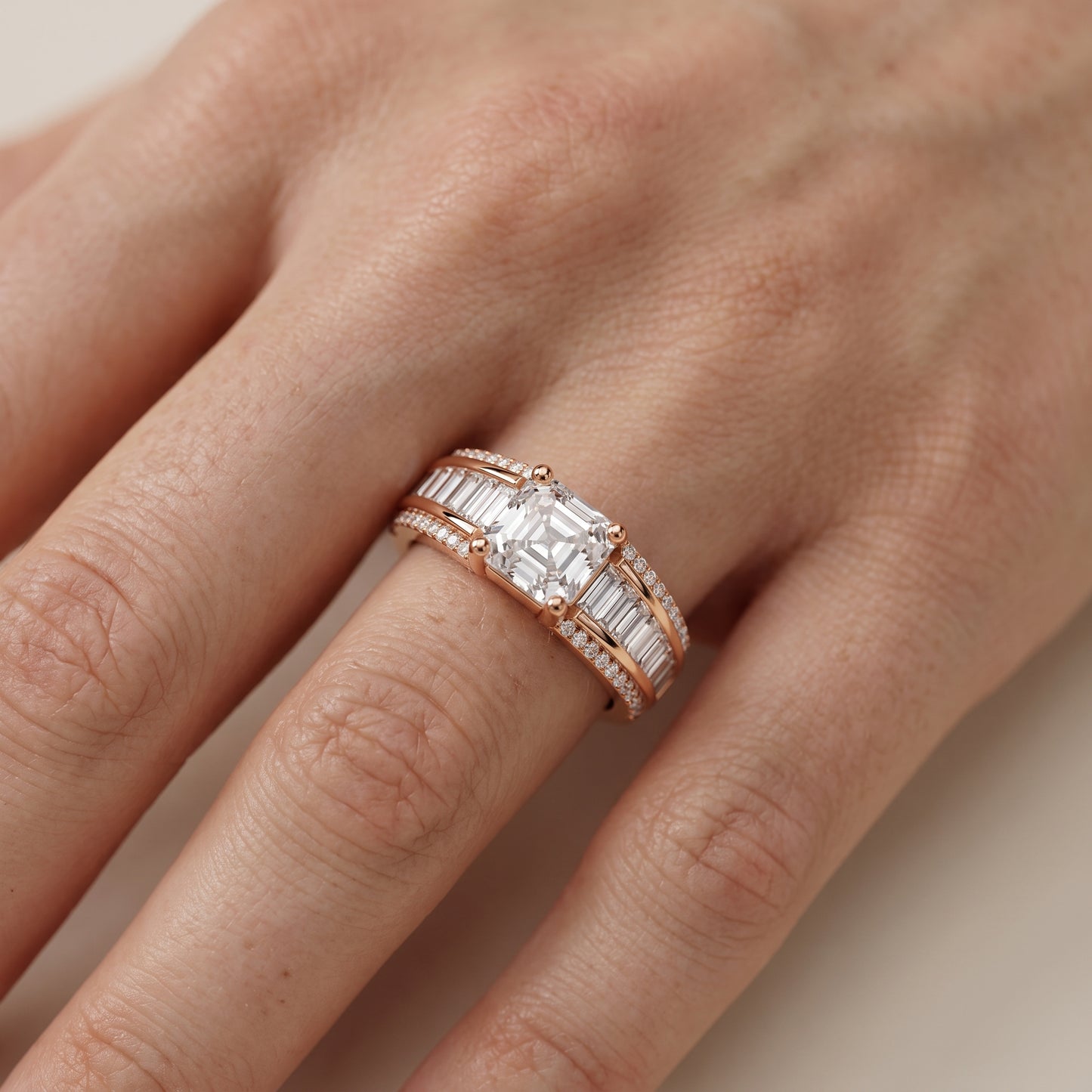 Halle Channel Set Baguette Accent Asscher Diamond Engagement Ring in Rose Gold - lifestyle.jpg