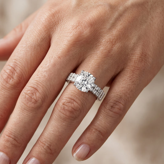 Honor Sidestone Cushion Diamond Engagement Ring in Platinum - lifestyle.jpg