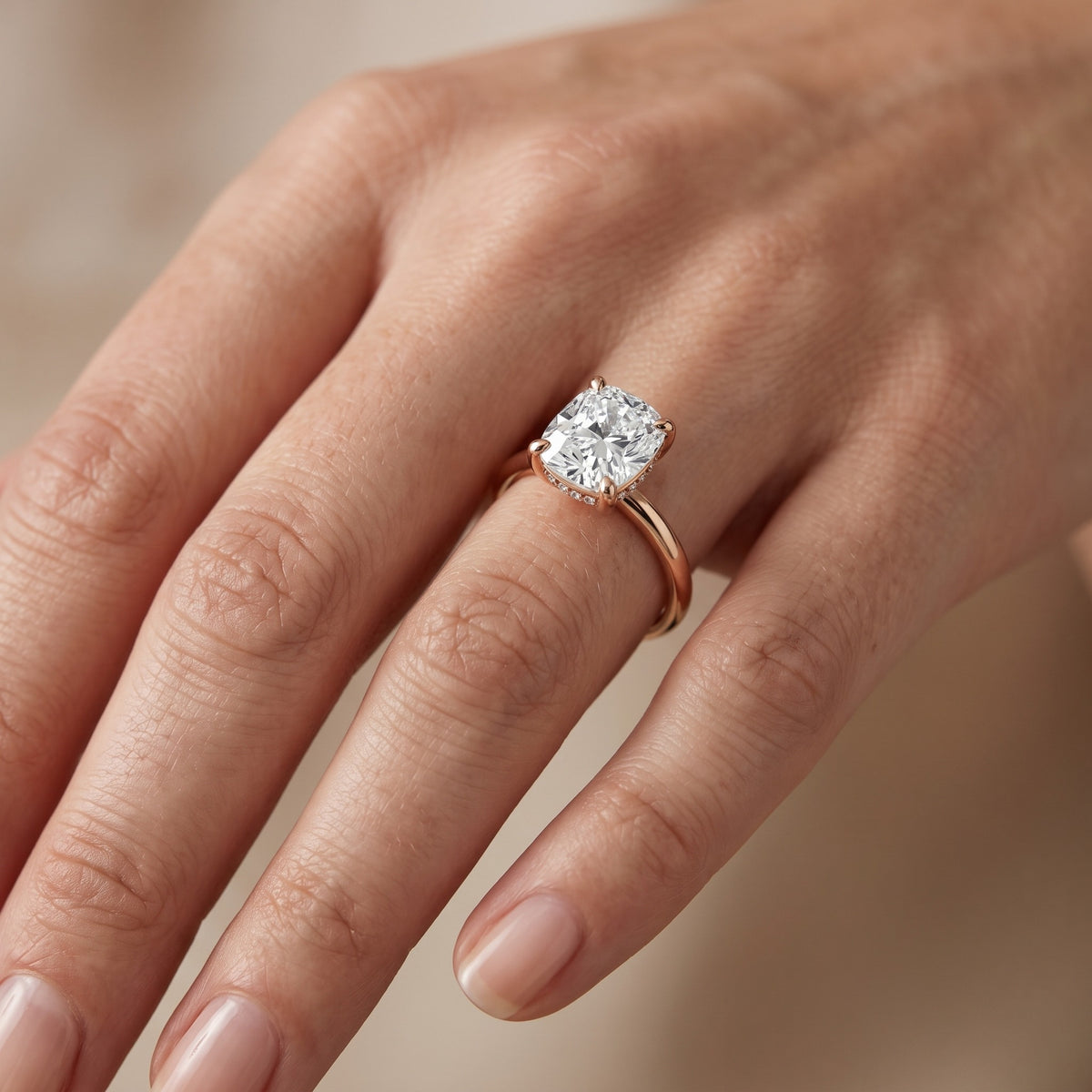 Charlotte Charm Cushion Diamond Solitaire Ring in Rose Gold - lifestyle.jpg