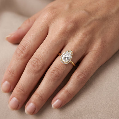 Melrose Halo Cathedral Pear Diamond Engagement Ring in Rose Gold - lifestyle.jpg