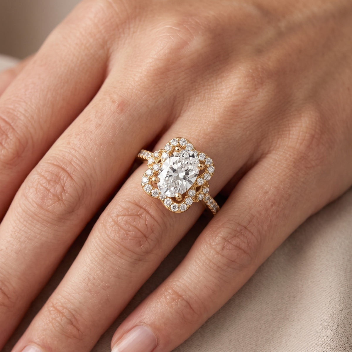 Amy Floral Halo Oval Diamond Engagement Ring in Platinum - lifestyle.jpg