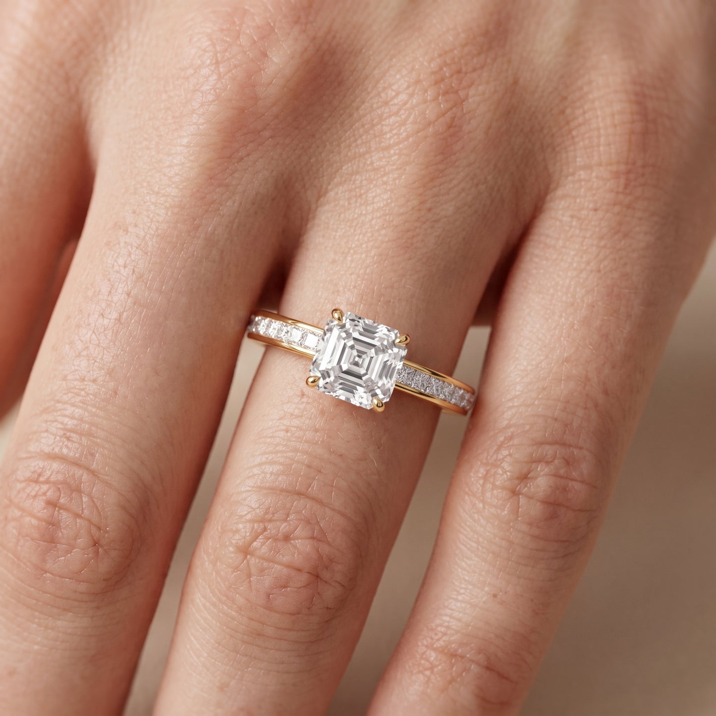 Brielle Channel Set Solitaire Asscher Diamond Ring in Yellow Gold - lifestyle.jpg