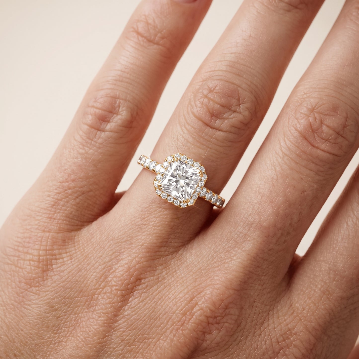Chloe Halo Pavé Radiant Diamond Ring in Yellow Gold - lifestyle.jpg