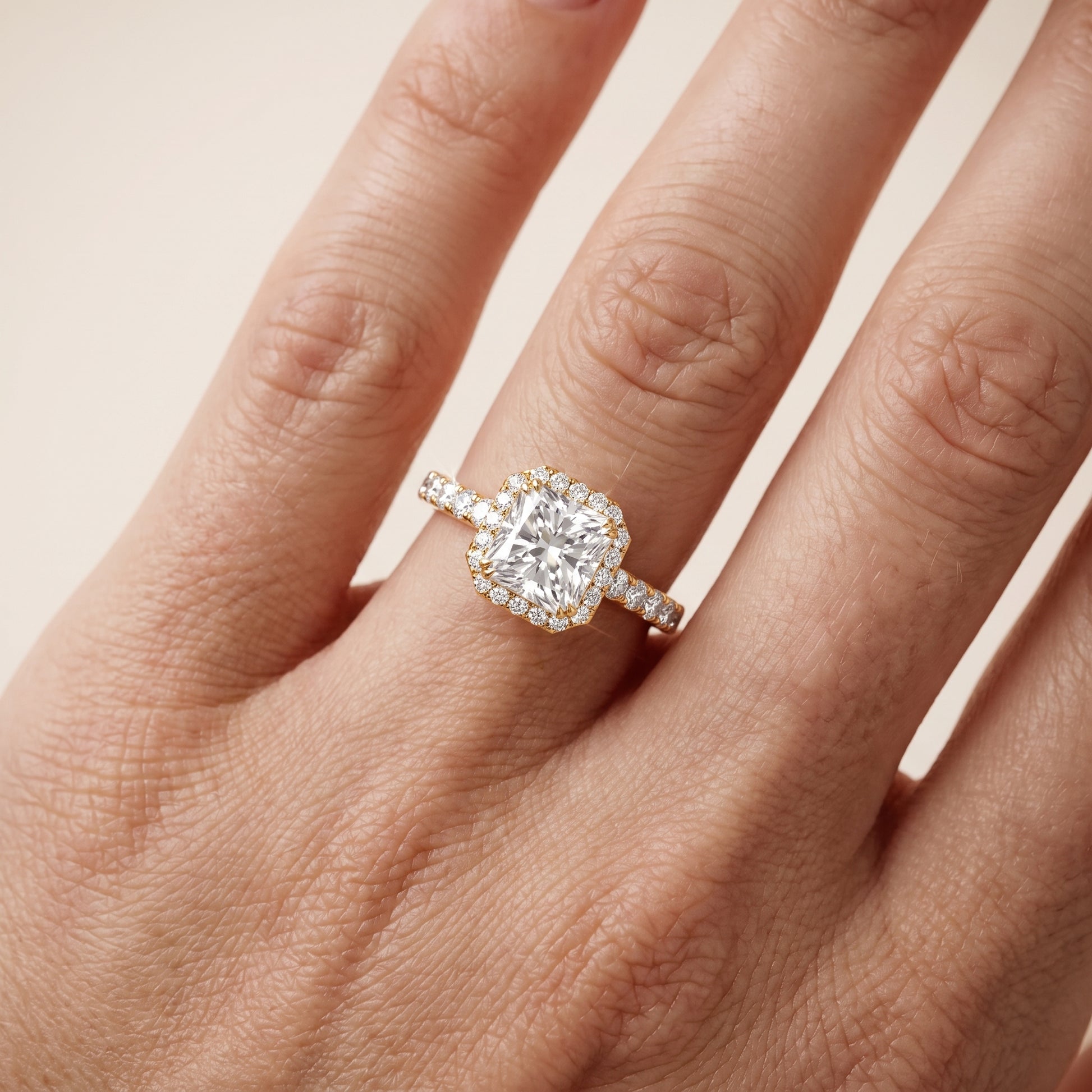 Chloe Halo Pavé Radiant Diamond Ring in Yellow Gold - lifestyle.jpg