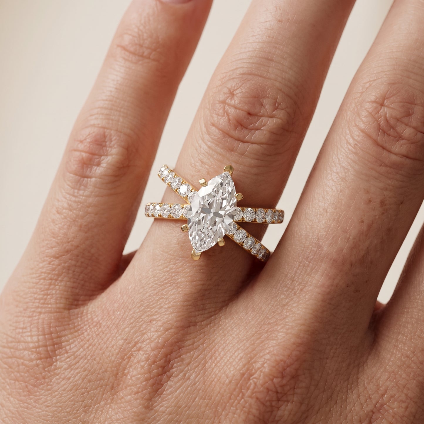 Lior Criss Cross Pavé Marquise Diamond Engagement Ring in Yellow Gold - lifestyle.jpg