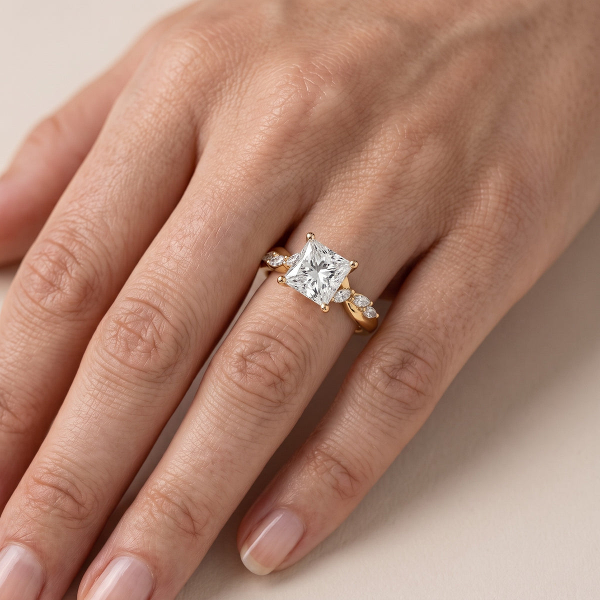 Cathy Leaf Twist Princess Diamond Engagement Ring in Silver - lifestyle.jpg