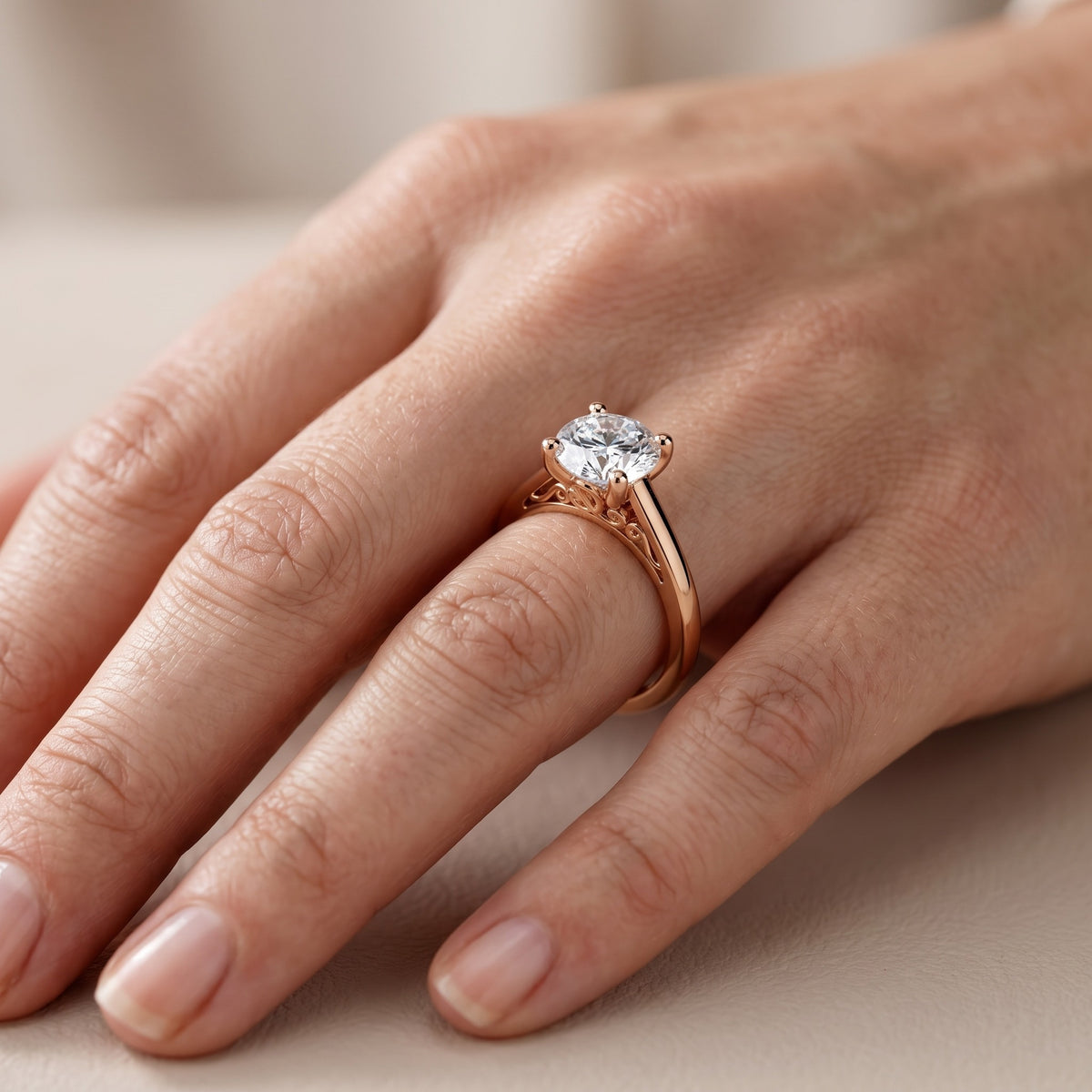 Iris Vintage Round Diamond Engagement Ring in Rose Gold - lifestyle.jpg