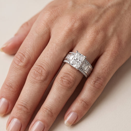 Tara Channel Set Baguette Accent Radiant Diamond Engagement Ring in Platinum - lifestyle.jpg