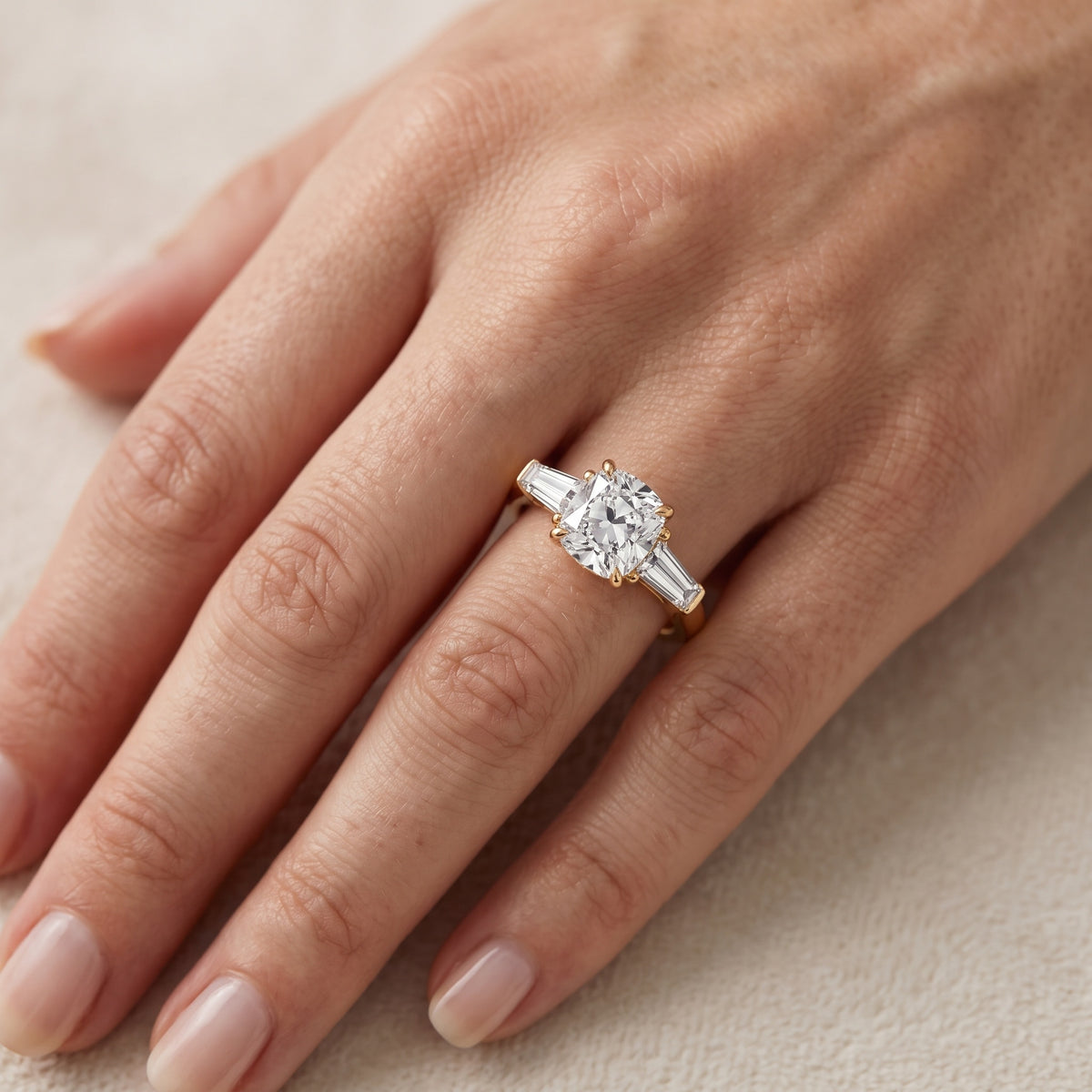 Davina Baguette Three-Stone Cushion Diamond Engagement Ring in Rose Gold - lifestyle.jpg