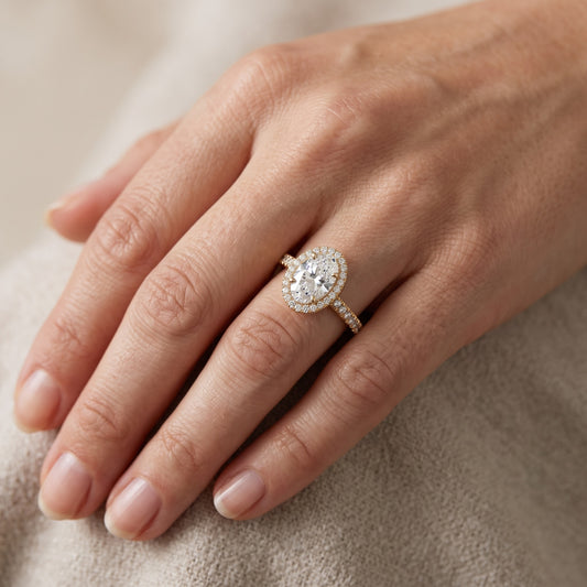Rosemary Halo Pavé Oval Diamond Engagement Ring in Yellow Gold - lifestyle.jpg