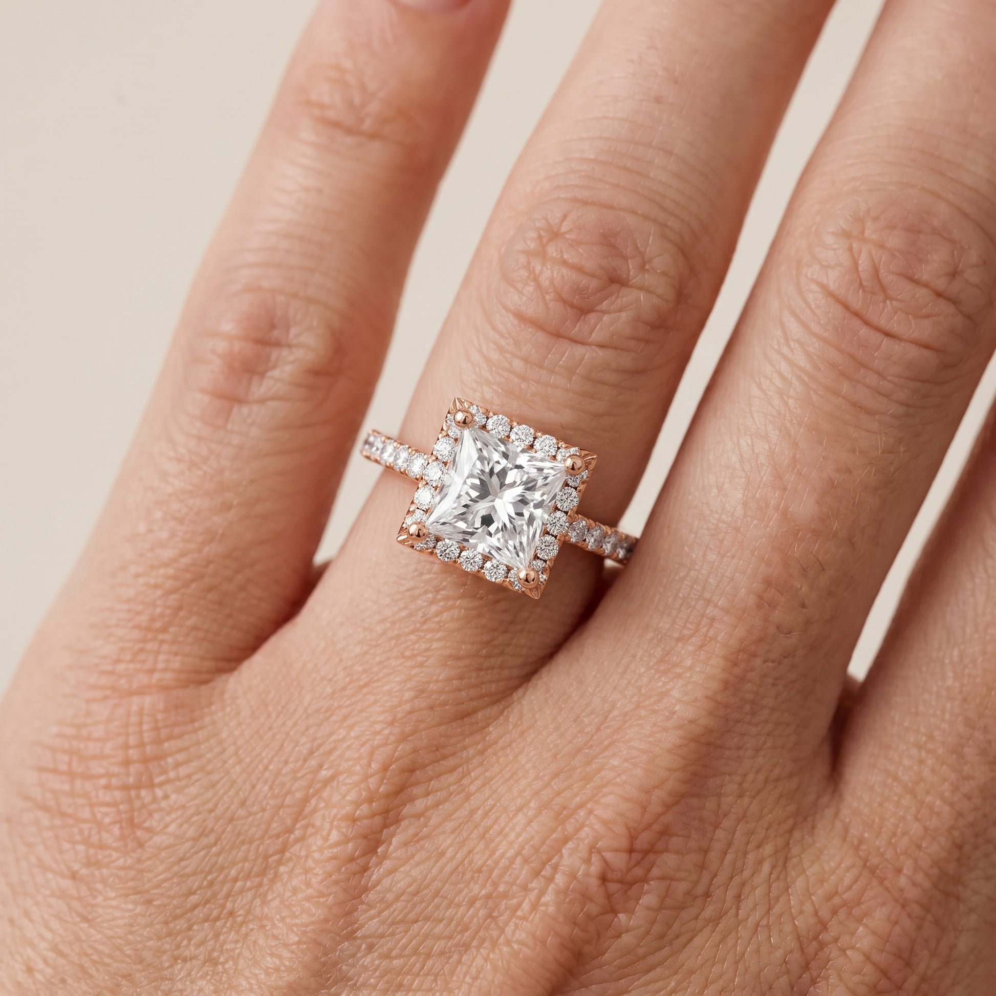 Sophie Halo Pavé Princess Diamond Ring in Rose Gold - lifestyle.jpg