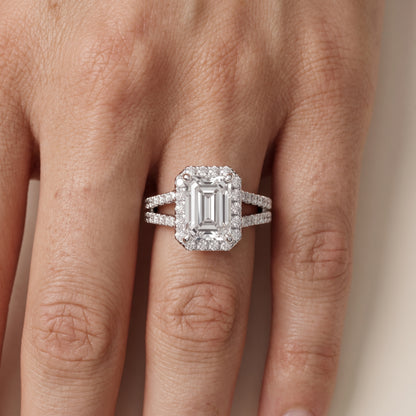 Kira Halo Split Shank Emerald Diamond Engagement Ring in Silver - lifestyle.jpg