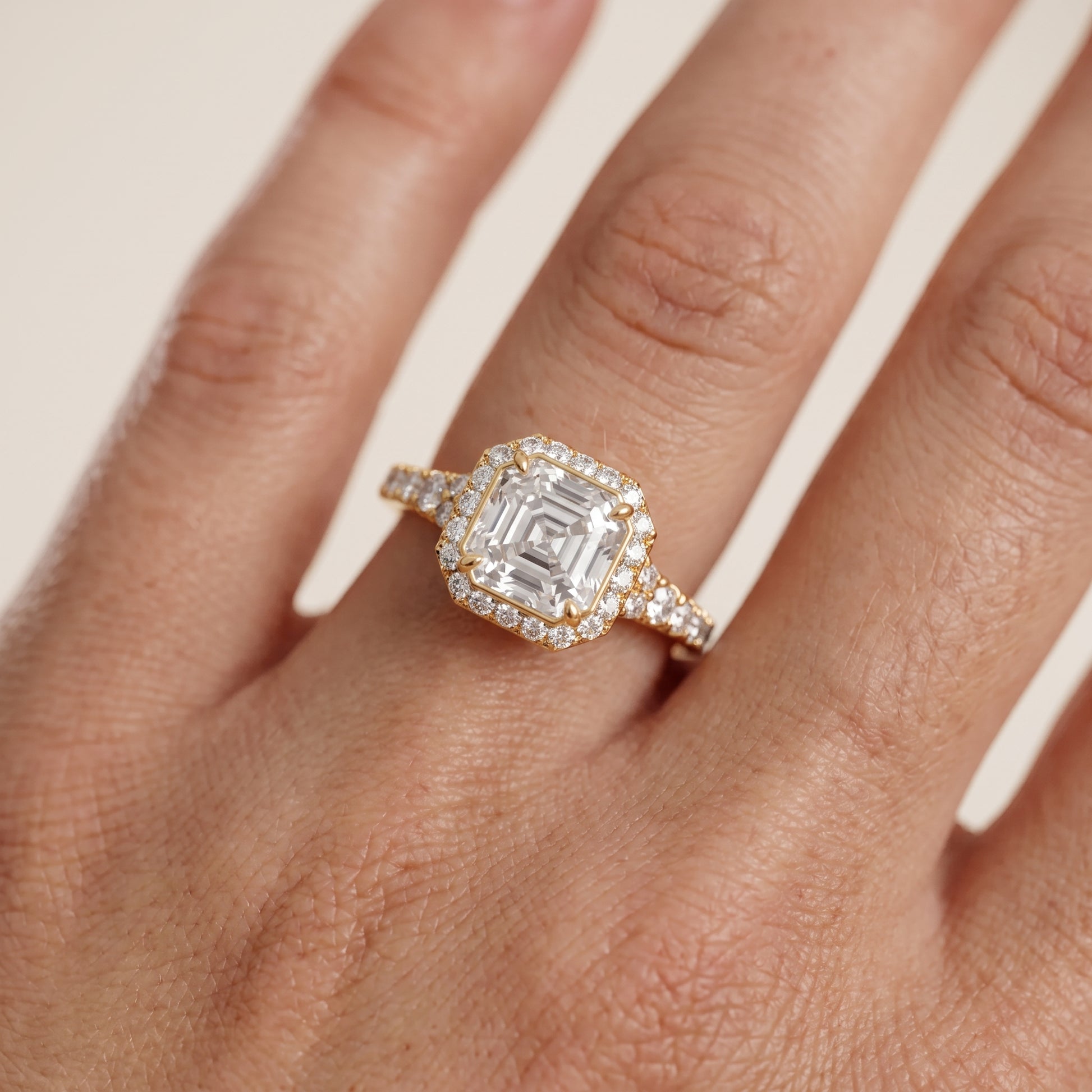 Bella Halo Pavé Asscher Diamond Engagement Ring in Yellow Gold - lifestyle.jpg