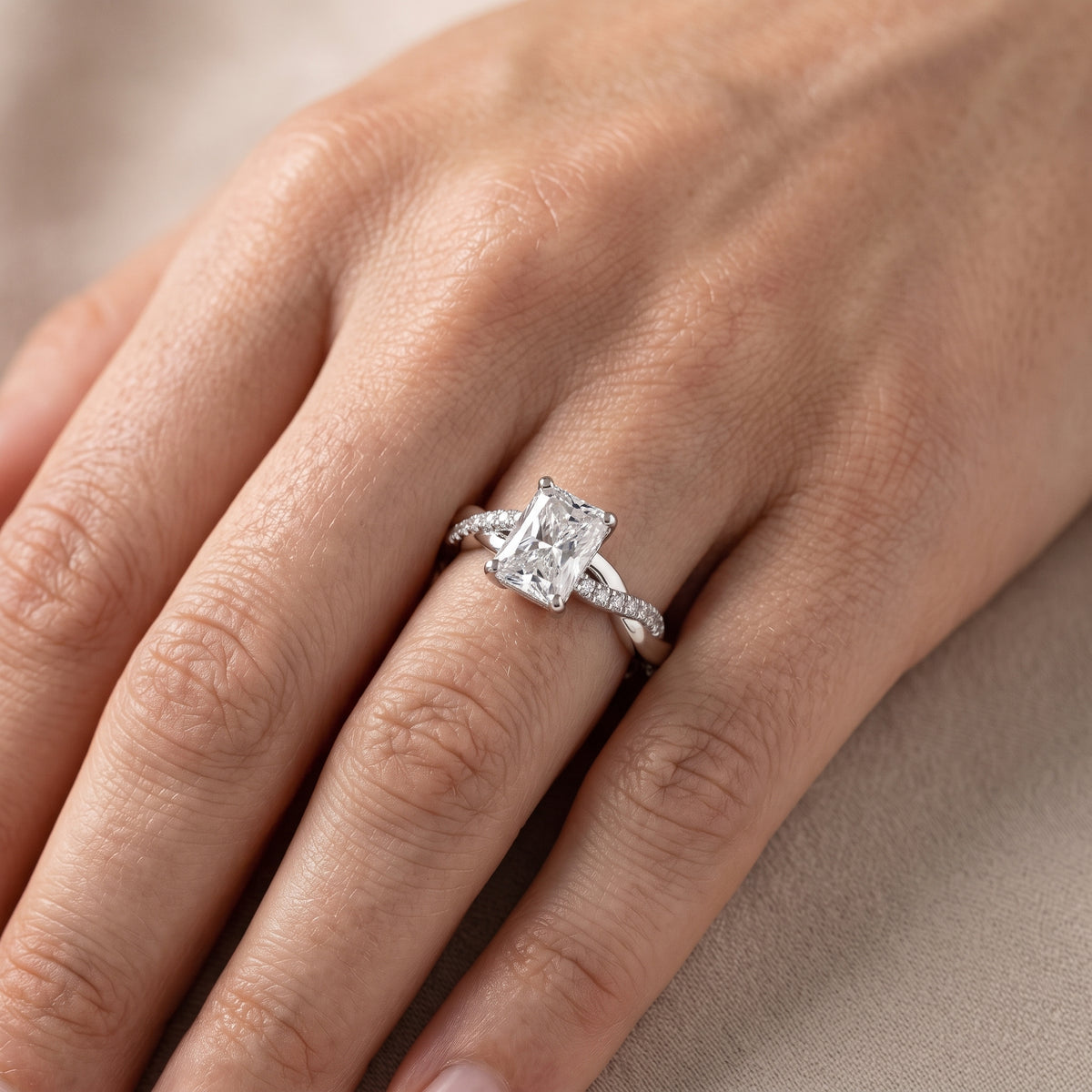 Twisted Side Stone Radiant Diamond Engagement Ring in Silver - lifestyle.jpg