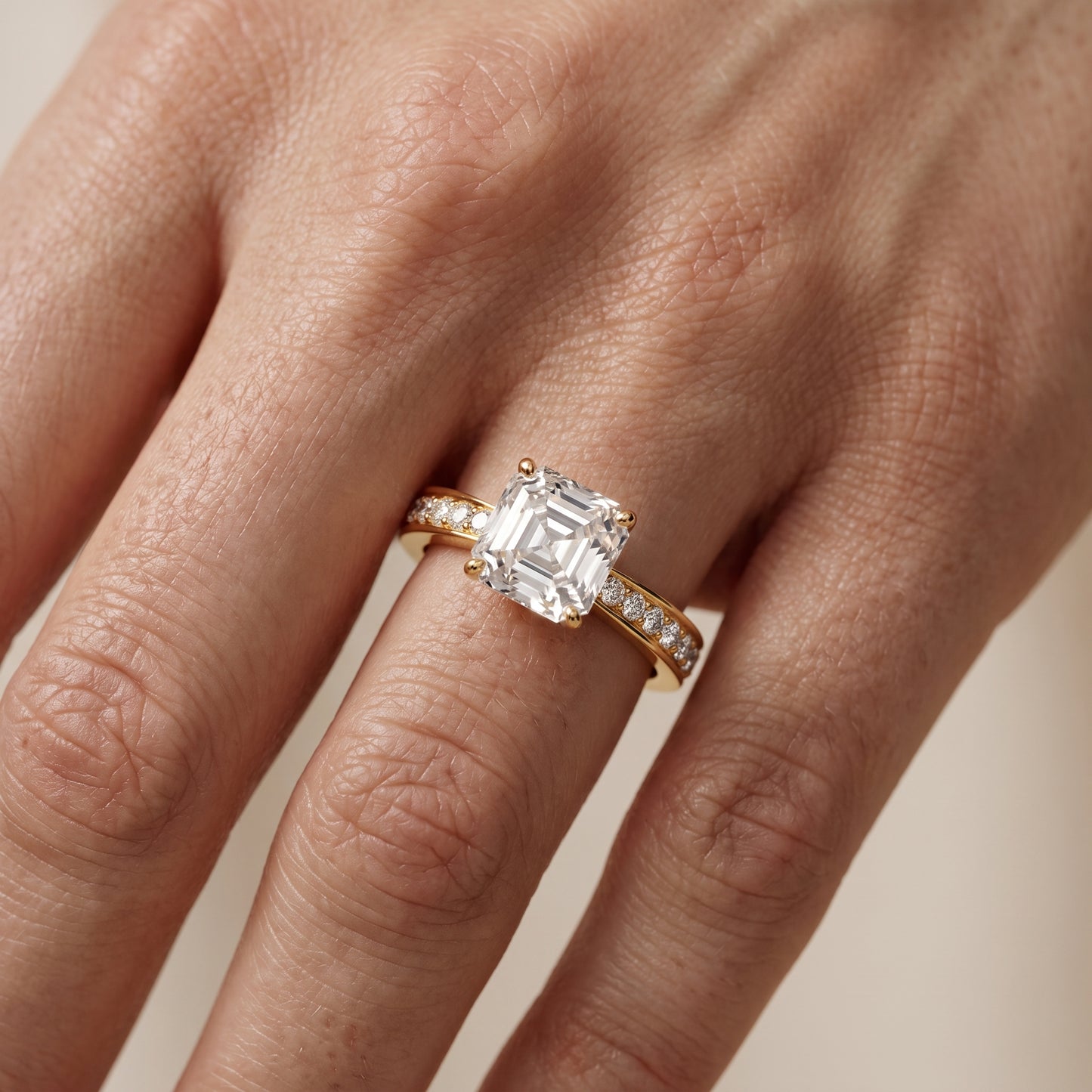 Rhea Sidestone Pavé Asscher Diamond Engagement Ring in Yellow Gold - lifestyle.jpg