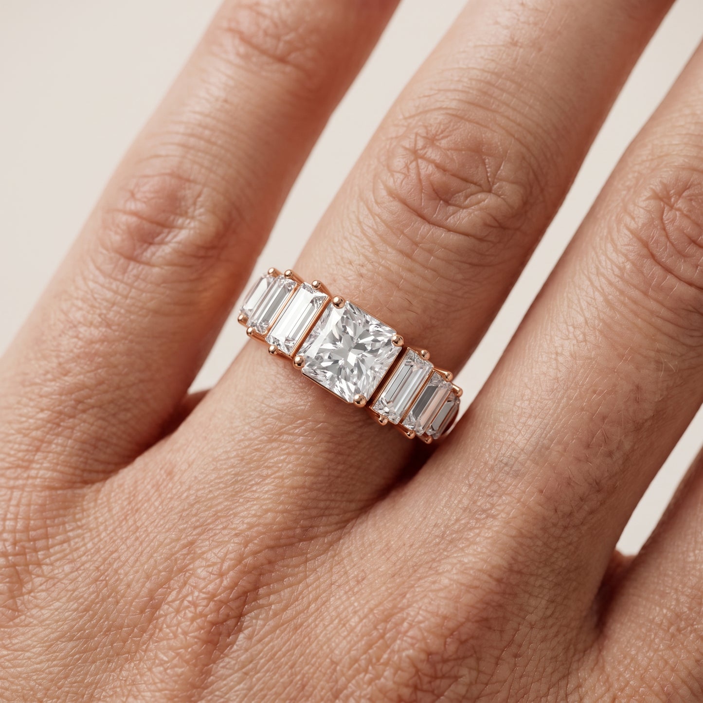 Mara Sidestone Baguette Accent Radiant Diamond Engagement Ring in Rose Gold - lifestyle.jpg