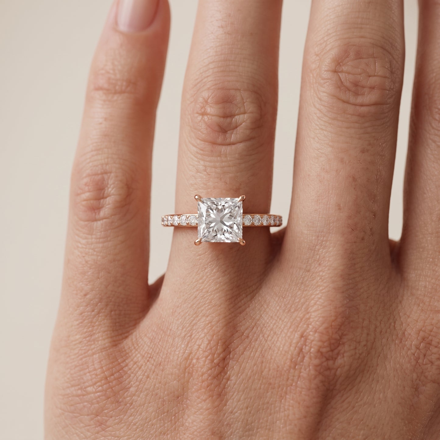 Aisha Pavé Solitaire Princess Diamond Engagement Ring in Rose Gold - lifestyle.jpg