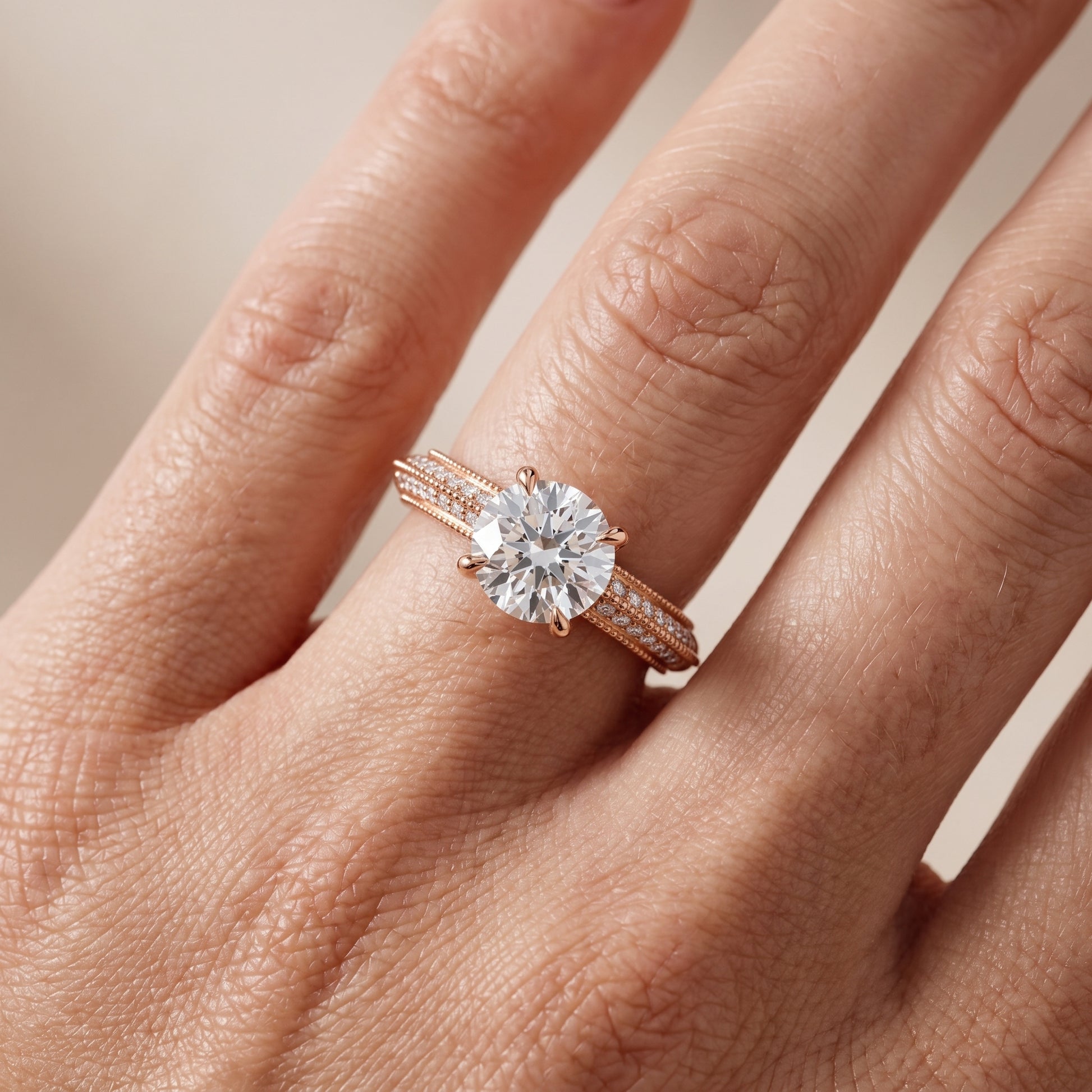Indie Vintage Milgrain Round Diamond Engagement Ring in Rose Gold - lifestyle.jpg