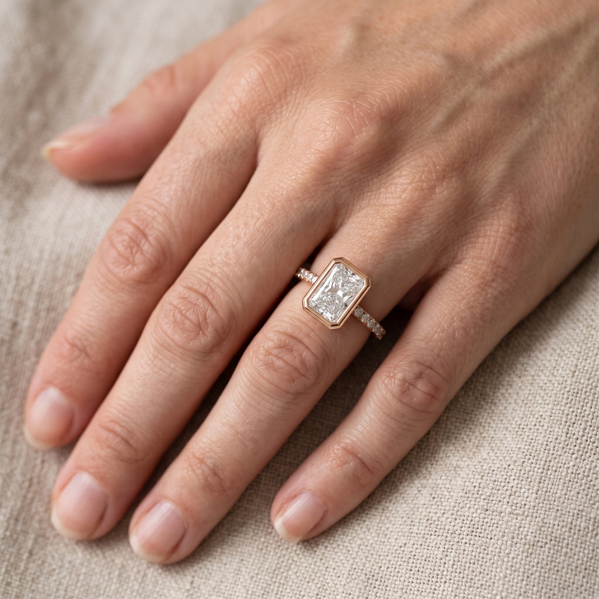 Cora Bezel Pavé Radiant Diamond Engagement Ring in Rose Gold - lifestyle.jpg