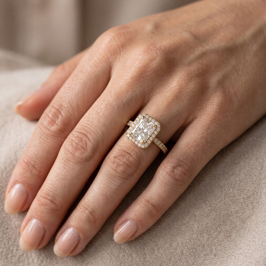 Rosemary Halo Pavé Radiant Diamond Engagement Ring in Yellow Gold - lifestyle.jpg