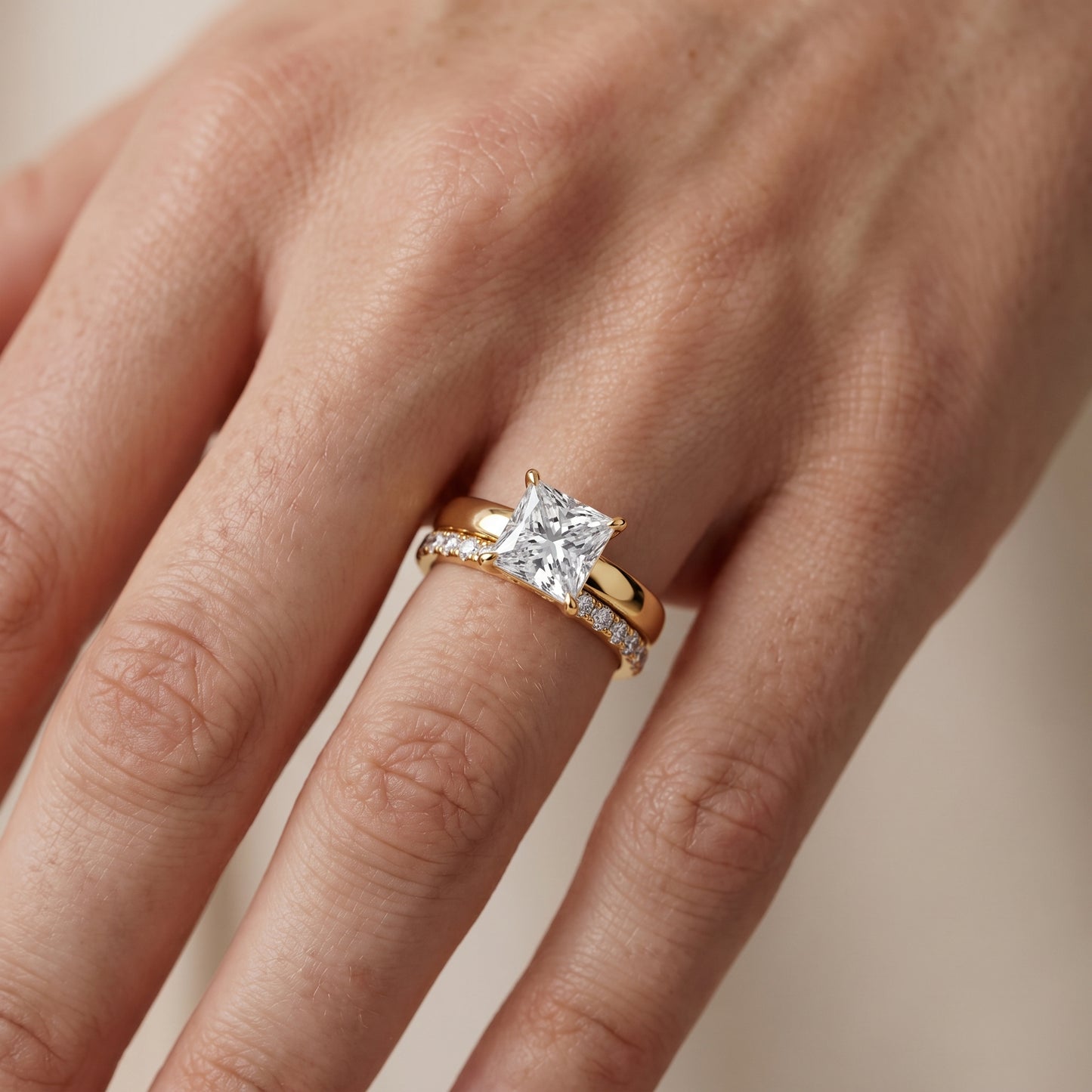 Veda Split Shank Pavé Princess Diamond Engagement Ring in Yellow Gold - lifestyle.jpg