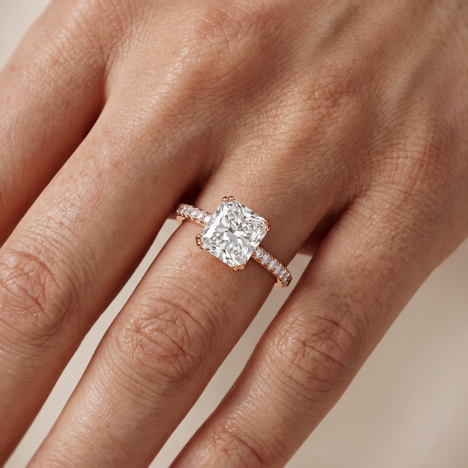 Violet Hidden Halo Pavé Radiant Diamond Ring in Rose Gold - lifestyle.jpg