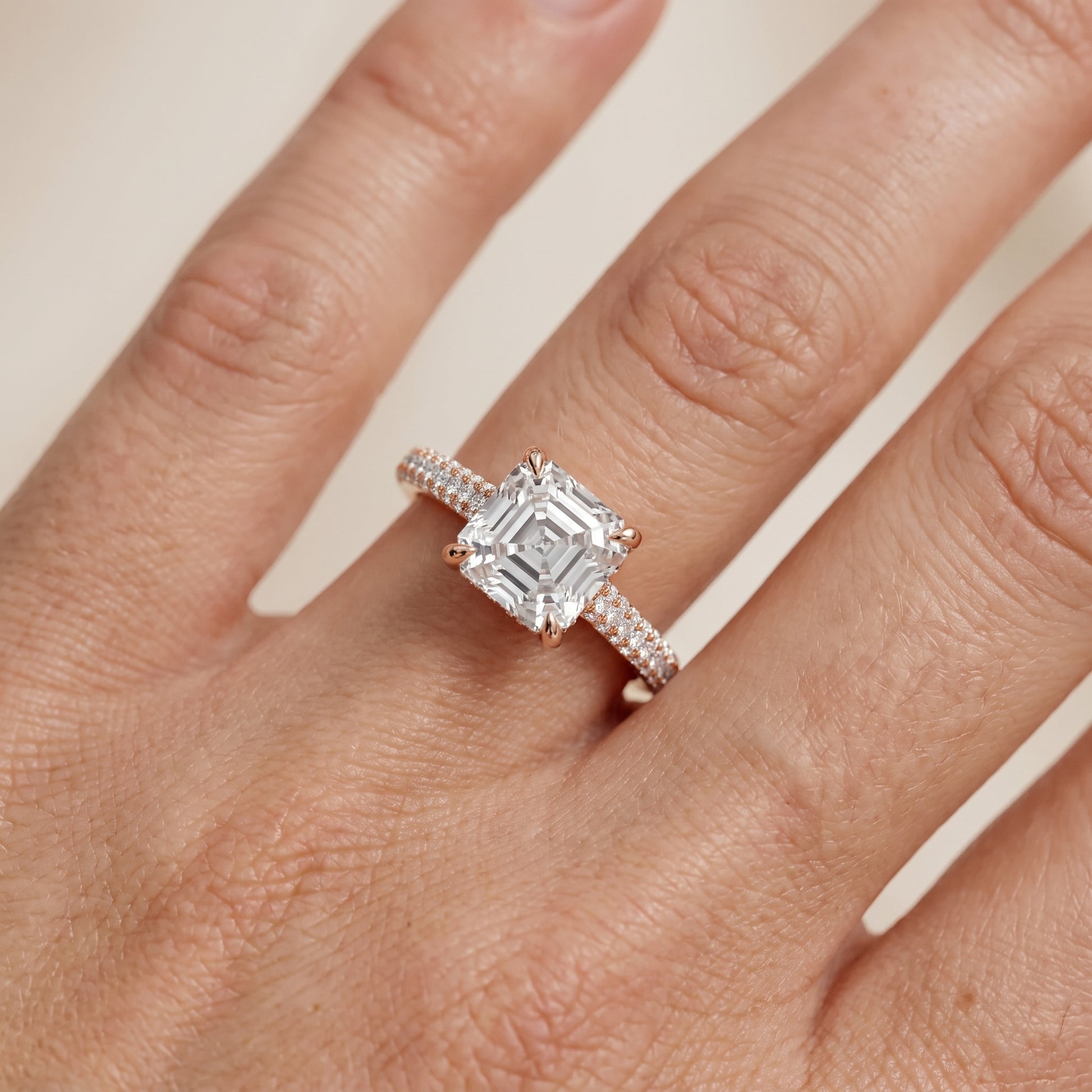 Della Hidden Halo Pavé Asscher Diamond Engagement Ring in Rose Gold - lifestyle.jpg