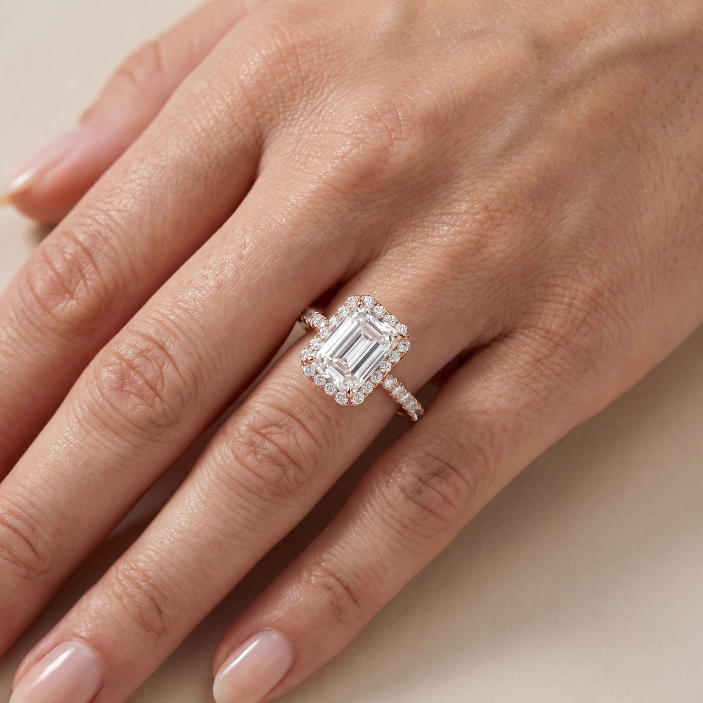 Willa Halo Micropavé Emerald Diamond Engagement Ring in Rose Gold - lifestyle.jpg