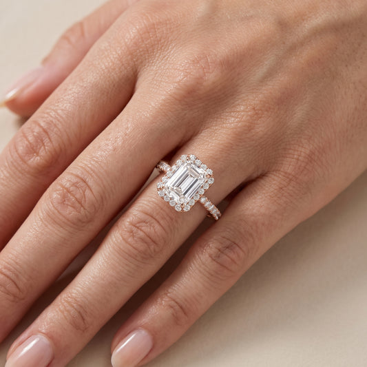 Willa Halo Micropavé Emerald Diamond Engagement Ring in Rose Gold - lifestyle.jpg
