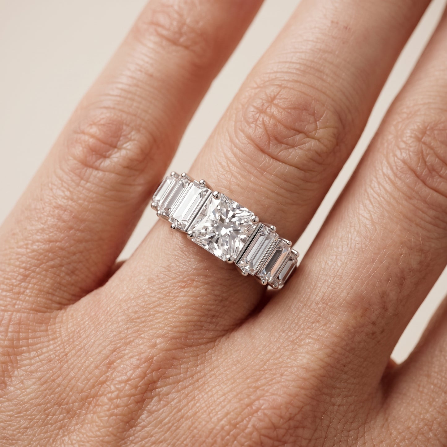 Mara Sidestone Baguette Accent Radiant Diamond Engagement Ring in Platinum - lifestyle.jpg