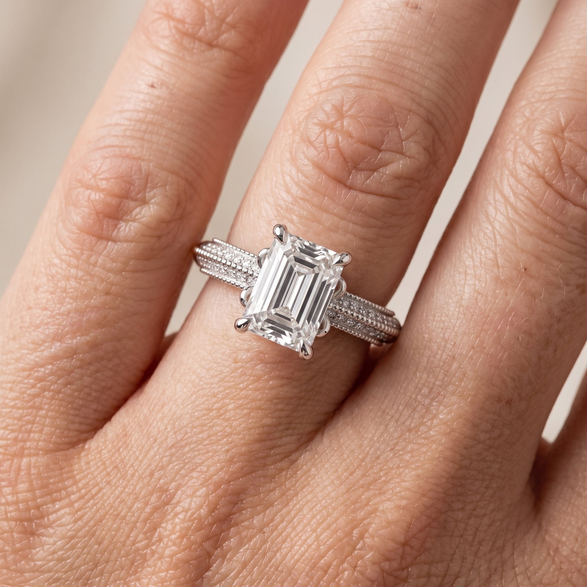 Indie Vintage Milgrain Emerald Diamond Engagement Ring in Platinum - lifestyle.jpg