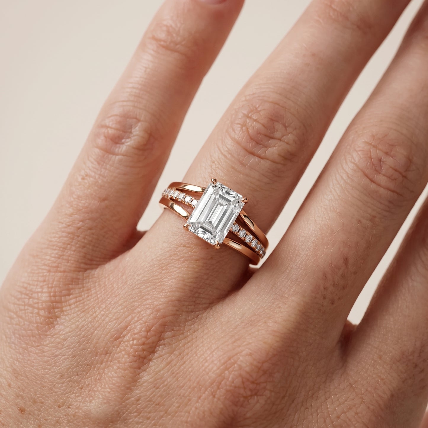Scarlett Split Shank Pavé Emerald Diamond Ring in Rose Gold - lifestyle.jpg