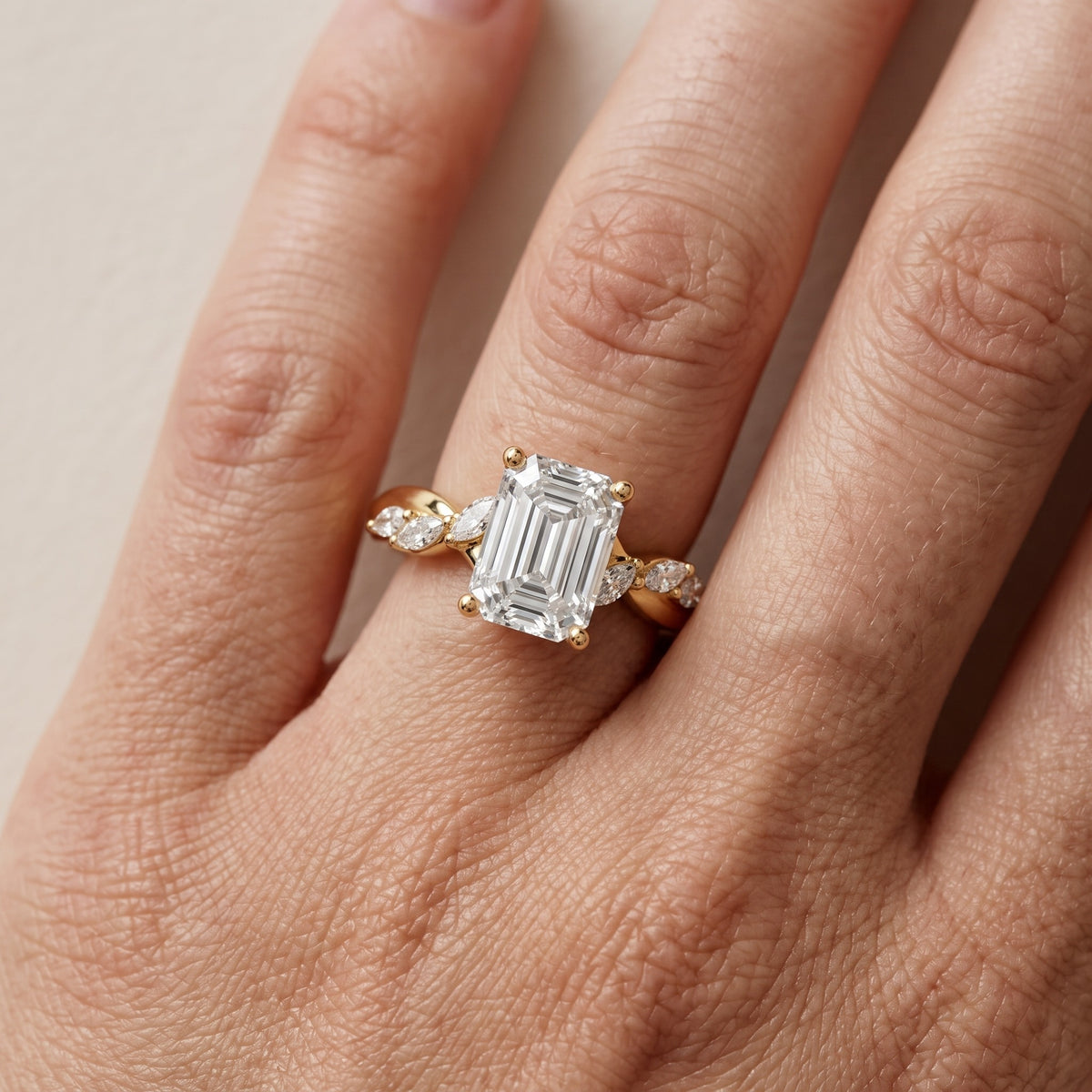 Cathy Leaf Twist Emerald Diamond Engagement Ring in White Gold - lifestyle.jpg