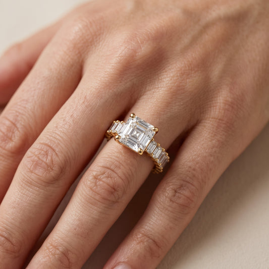 Mallory Shared Prong Asscher Diamond Engagement Ring in Yellow Gold - lifestyle.jpg