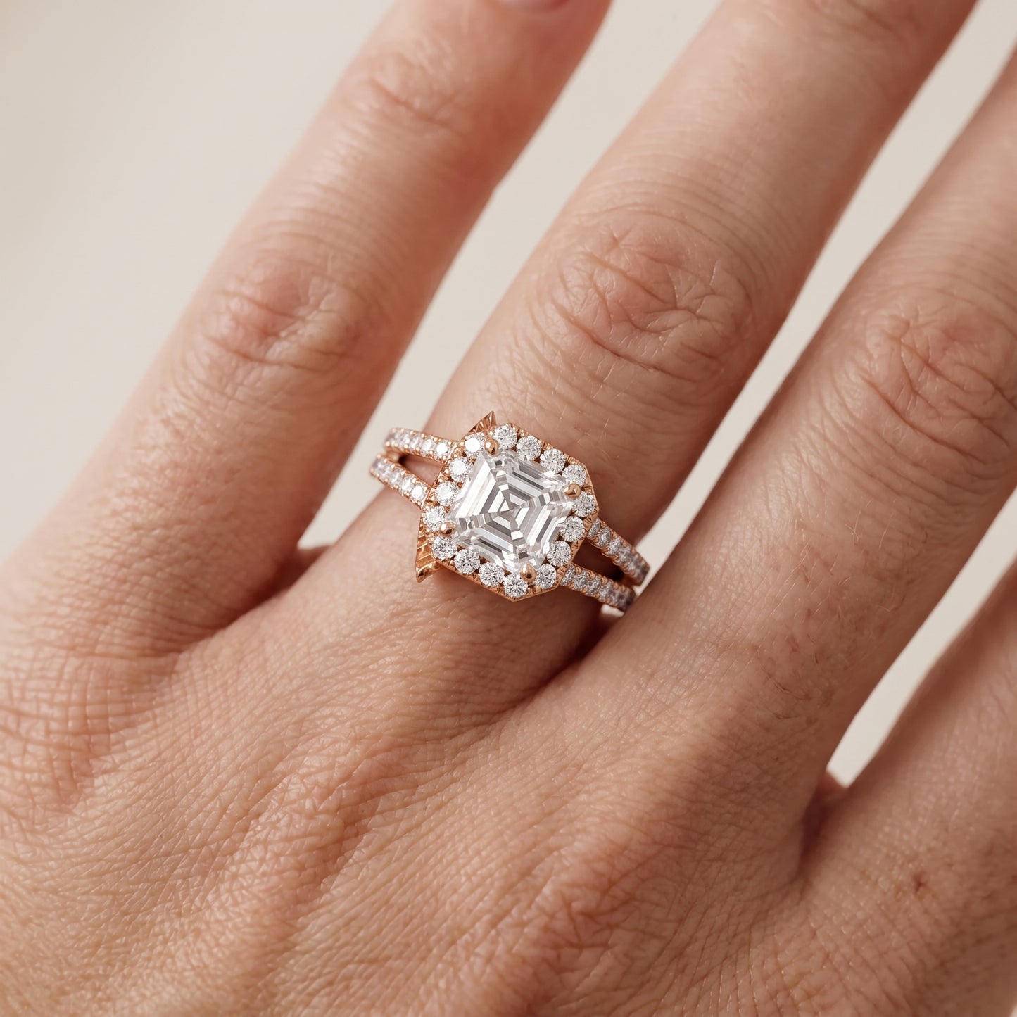 Kira Halo Split Shank Asscher Diamond Engagement Ring in Rose Gold - lifestyle.jpg