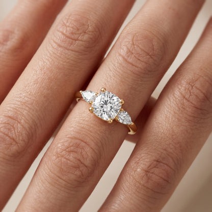 Faye Three-Stone Trellis Cushion Diamond Ring in Yellow Gold - lifestyle.jpg