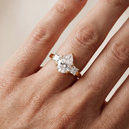 Selena Three-Stone Basket Pear Diamond Ring in Yellow Gold - lifestyle.jpg