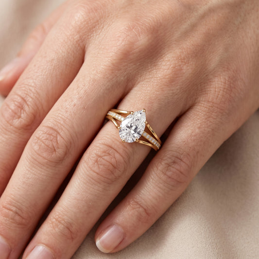 Lucinda Split Shank Pear Diamond Engagement Ring in Yellow Gold - lifestyle.jpg